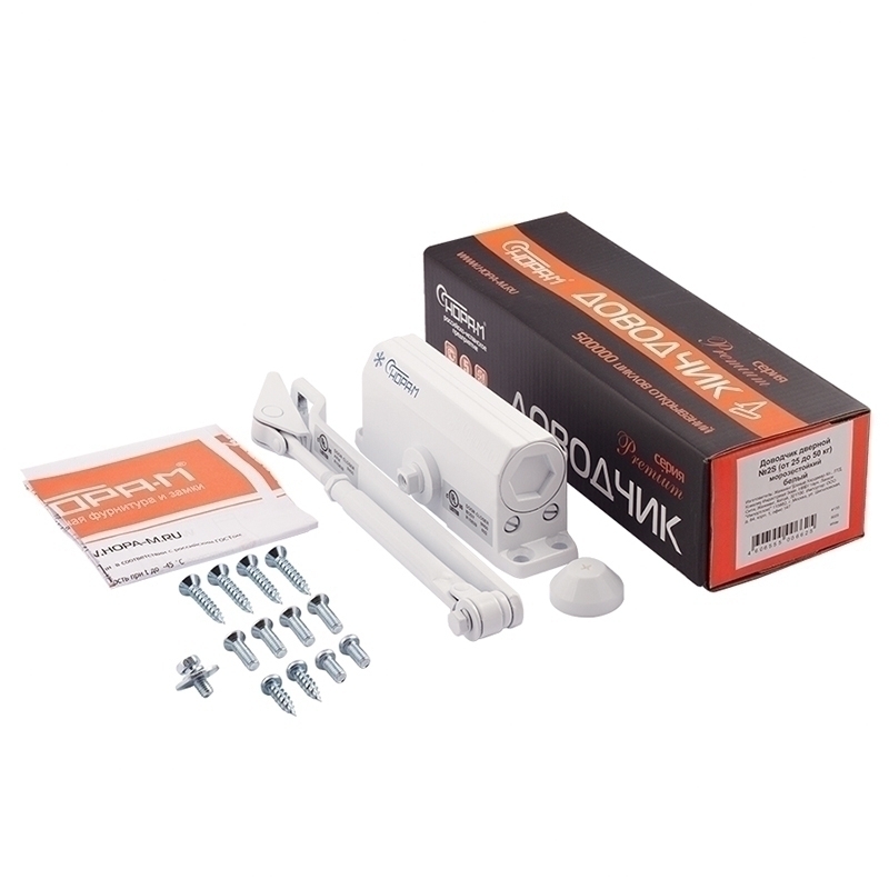 Комплектация и упаковка Доводчик дверной 2S от 25 до 70 кг цвет Белый Нора-М